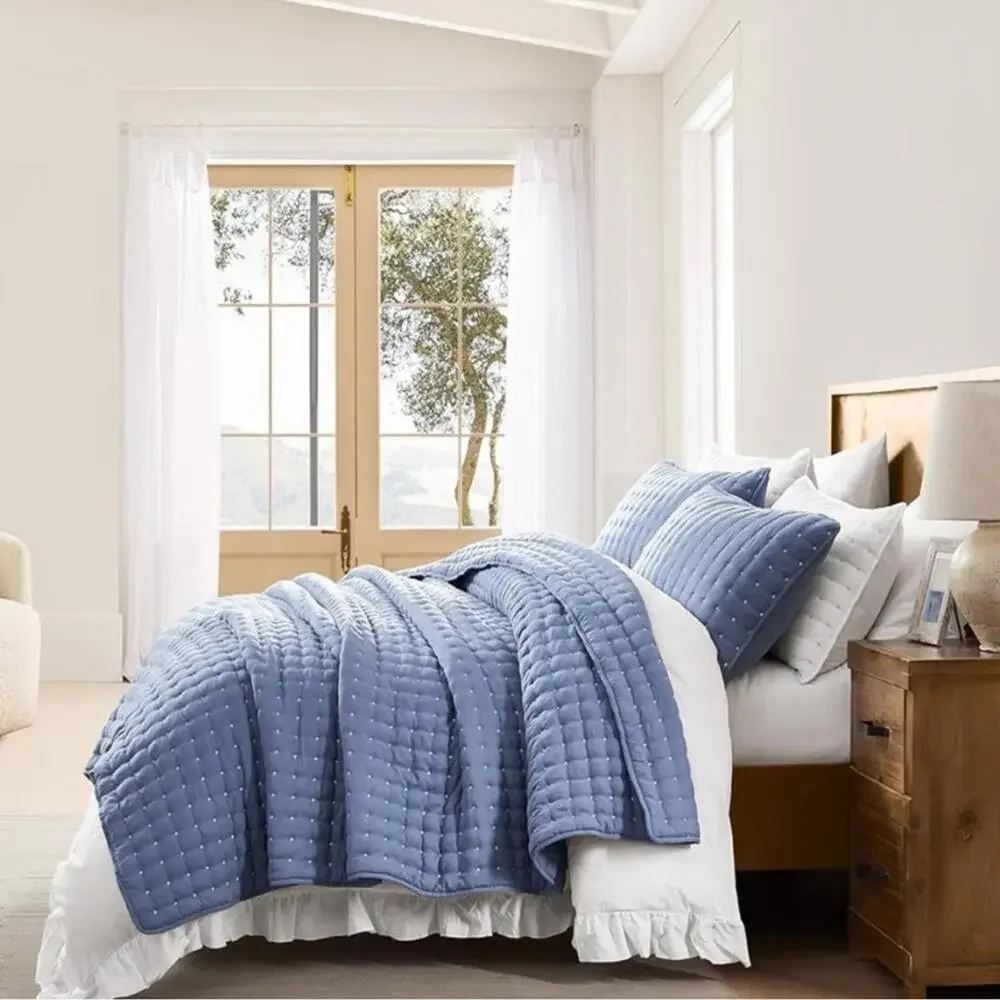 🆕 PB Style Queen Denim Blue Quilt Coverlet 3 Piece Pick Stitch Tufted Bed Set
